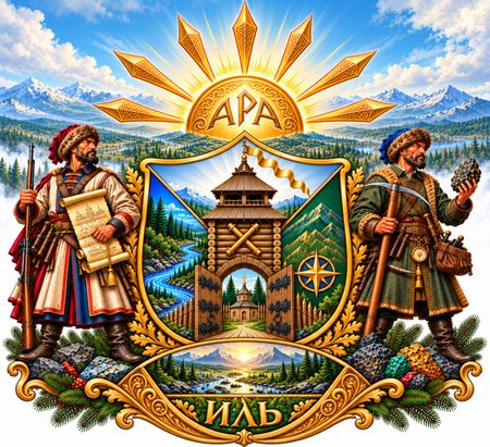 Авторский проект герба Арамиль: проездная башня острога с раскрытыми воротами, восходящее солнце с семью лучами, по сторонам щита казак-основатель и казак-рудознатец, надписи «АРА», «АРАМИЛЬ», «ИЛЬ»