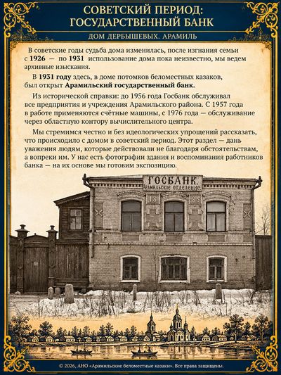 Дом Дербышевых в советские годы с вывеской «Госбанк. Арамильское отделение», на фасаде цифры 1885