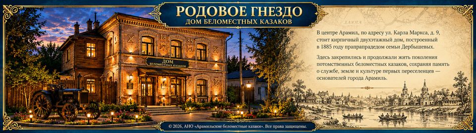 Плакат «Родовое гнездо. Дом беломестных казаков»: визуализация восстановленного дома и рисунок старой Арамили