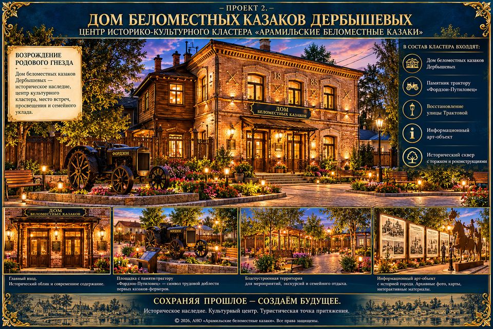 Плакат «Дом беломестных казаков Дербышевых — центр историко-культурного кластера»: дом с подсветкой, трактор «Фордзон», сквер, арт-объект