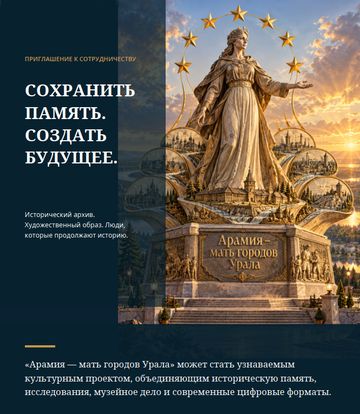 Приглашение к сотрудничеству «Сохранить память. Создать будущее» на фоне стелы «Арамия»