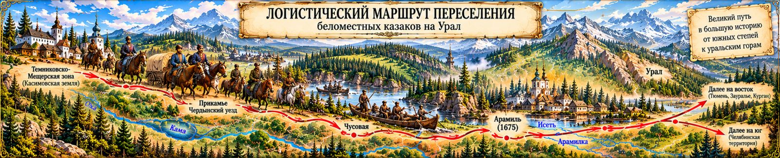 Карта маршрута: Темниковско-Мещерская зона (Касимовская земля) — Прикамье, Чердынский уезд — Чусовая — Арамиль (1675) — далее на восток (Тюмень, Зауралье, Курган) и на юг (Челябинская территория). Великий путь в большую историю от южных степей к уральским горам