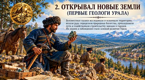 Казак-рудознатец с образцом руды на склоне горы, внизу река и поселения
