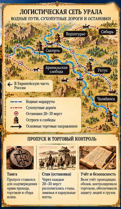 Логистическая сеть Урала: водные пути, сухопутные дороги и остановки; пропуск и торговый контроль